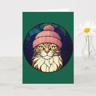 Stained-Glass Christmas Tabby Cat In Pink Cap Card
