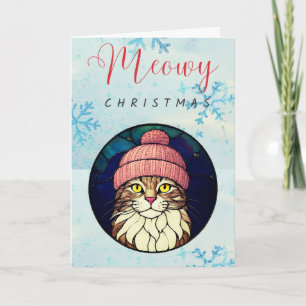 Stained-Glass Christmas Tabby Cat In Pink Cap Holiday Card
