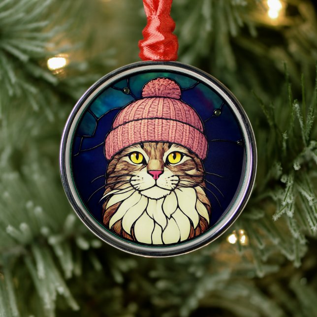 Stained-Glass Christmas Tabby Cat In Pink Cap Metal Ornament (Tree)