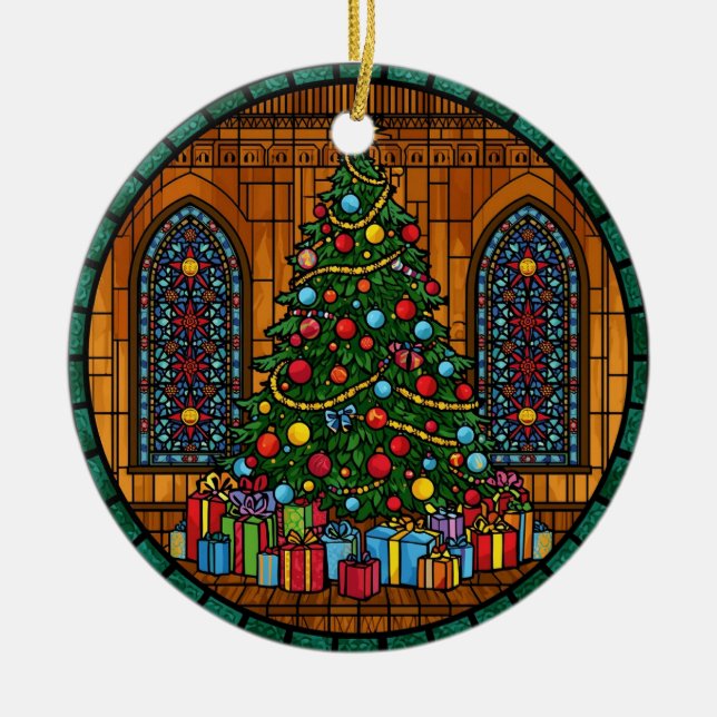 Stained Glass Christmas Tree Magic Ceramic Ornament (Front)