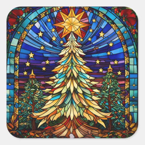Stained Glass Christmas Tree Square Sticker