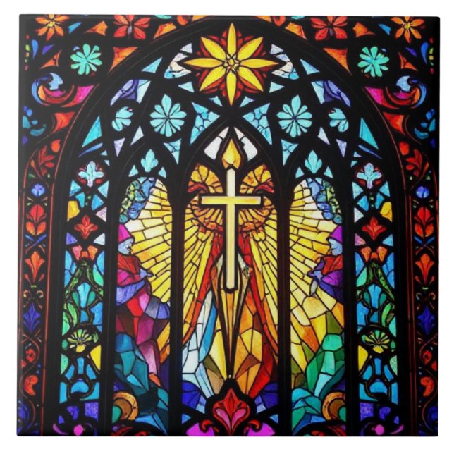 Stained Glass Church Cross Christian Faith Art Ceramic Tile (Front)