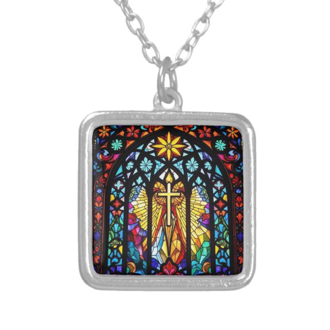 Stained Glass Church Cross Christian Faith Art Silver Plated Necklace (Front)