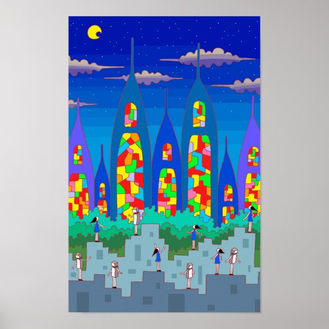 Stained-glass city on a starry night. poster (Front)