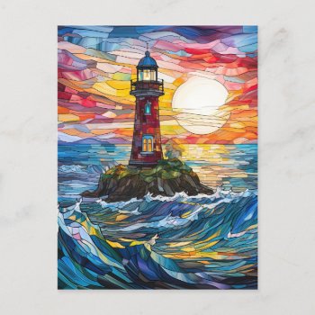 Stained Glass Coastal Lighthouse Art Postcard by ProdesignGo at Zazzle