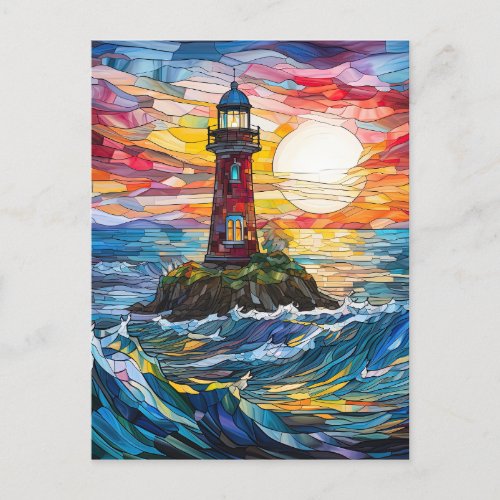 Stained Glass Coastal Lighthouse Art Postcard