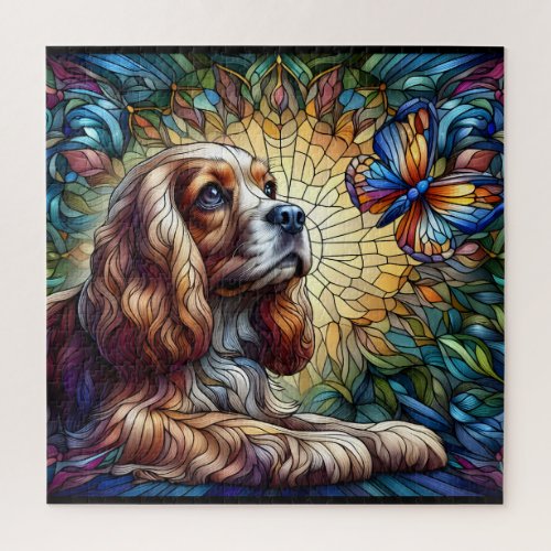 Stained glass Cocker spaniel vibrant yellow blue  Jigsaw Puzzle