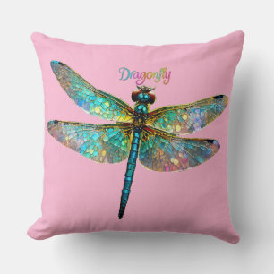 Stained Glass Colorful Dragonfly Throw Pillow