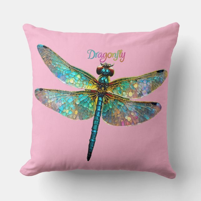 Stained Glass Colorful Dragonfly Throw Pillow (Front)