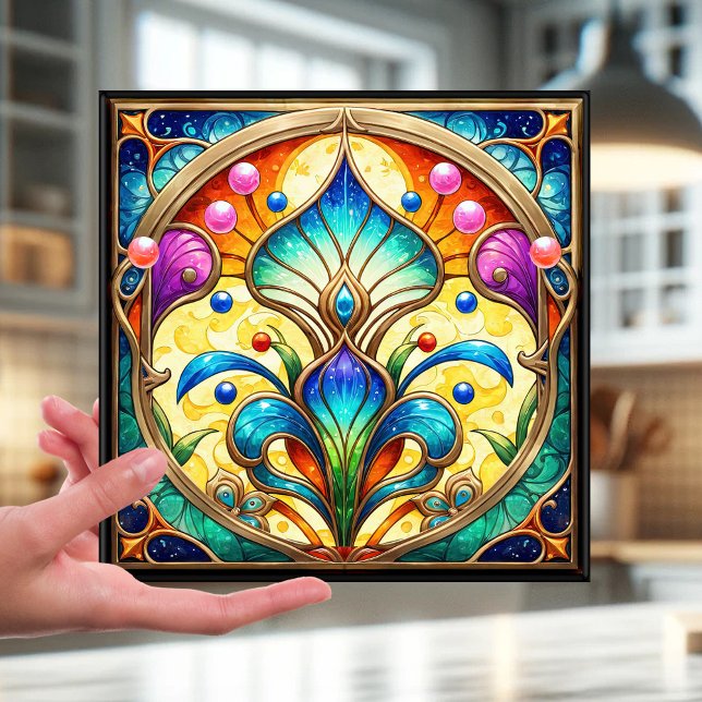 Stained Glass Colorful Floral Design Ceramic Tile (Tile featuring a stained glass or leaded glass style design with a colorful art deco flower)