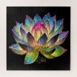 Stained Glass Colorful Lotus Flower on Black Jigsaw Puzzle