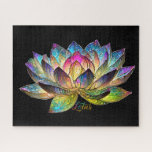 Stained Glass Colorful Lotus Flower on Black Jigsaw Puzzle