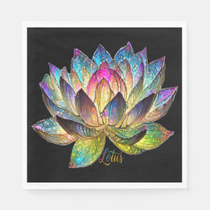 Stained Glass Colorful Lotus Flower on Black Napkins