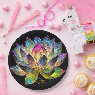 Stained Glass Colorful Lotus Flower on Black Paper Plates