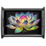 Stained Glass Colorful Lotus Flower on Black Serving Tray