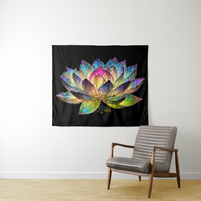 Stained Glass Colorful Lotus Flower on Black Tapestry (In Situ (Horizontal))