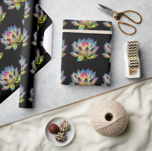 Stained Glass Colorful Lotus Flower on Black Wrapping Paper