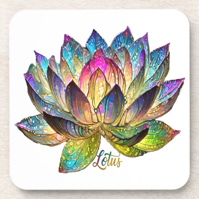 Stained Glass Colorful Lotus Flower on White  Beverage Coaster (Front)