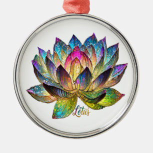Stained Glass Colorful Lotus Flower on White  Metal Ornament