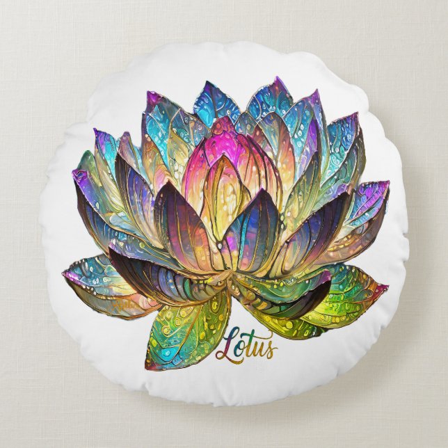 Stained Glass Colorful Lotus Flower on White Round Pillow (Front)