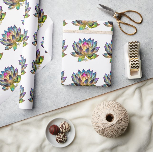 Stained Glass Colorful Lotus Flower on White Wrapping Paper (Crafts)