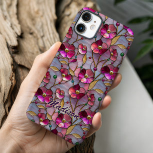 Stained glass colorful pink flowers pattern iPhone 16 case