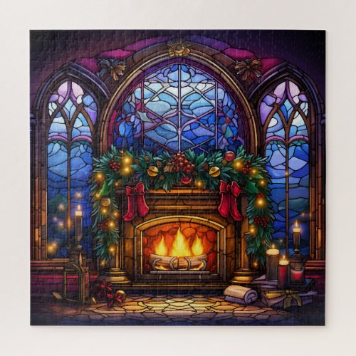 Stained Glass Cozy Vintage Parlor Fireplace Garlan Jigsaw Puzzle