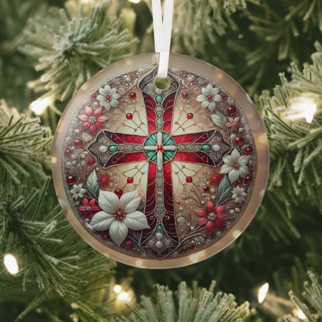 Stained Glass Cross and Poinsettias  Glass Ornament (Insitu)