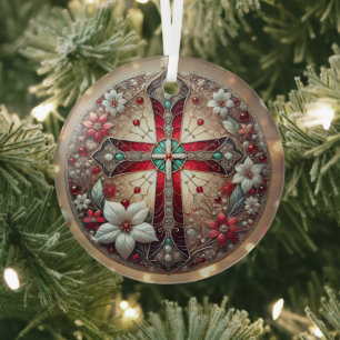 Stained Glass Cross and Poinsettias Ornament