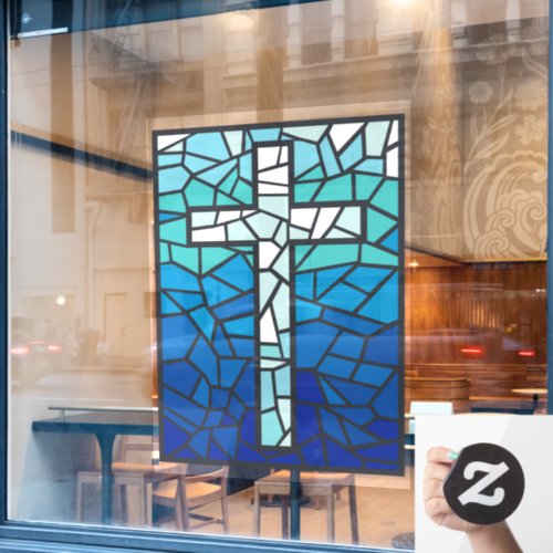 Stained Glass Cross Blue Black White Window Cling
