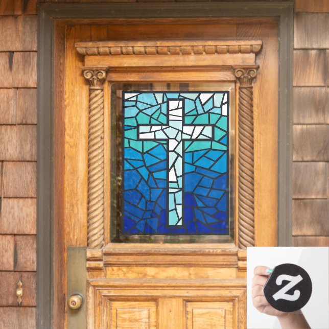 Stained Glass Cross Blue Black White Window Cling (Home Door)