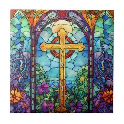 Stained Glass Cross  Ceramic Tile
