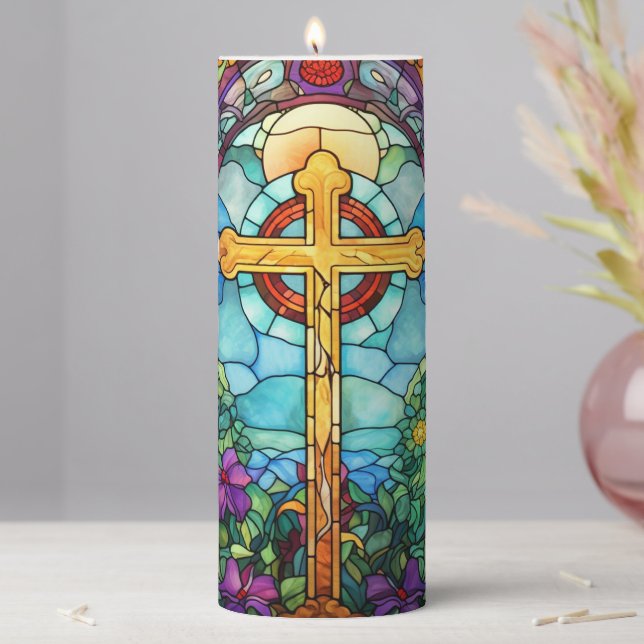 Stained Glass Cross  Pillar Candle (In Situ)