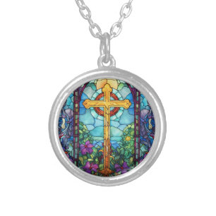 Stained Glass Cross Silver Plated Necklace