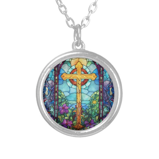 Stained Glass Cross  Silver Plated Necklace (Front)
