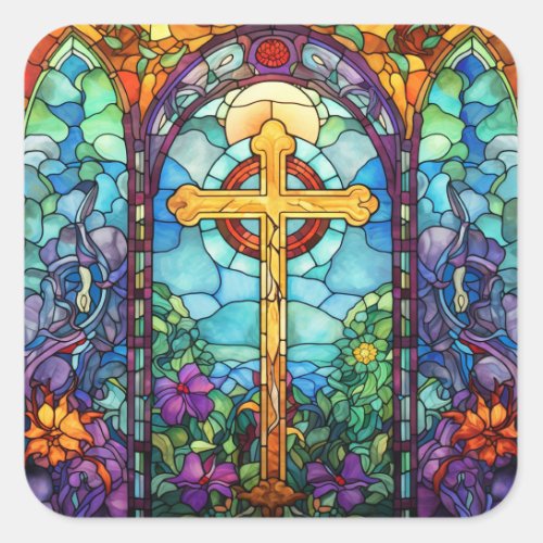 Stained Glass Cross  Square Sticker