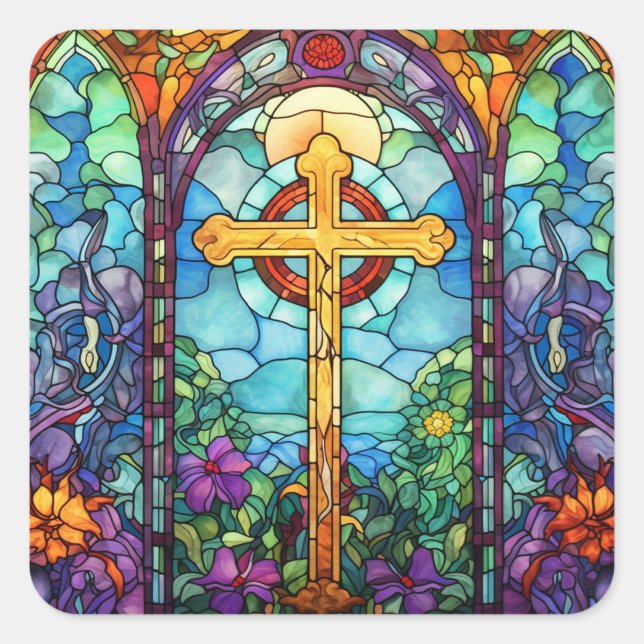 Stained Glass Cross  Square Sticker (Front)