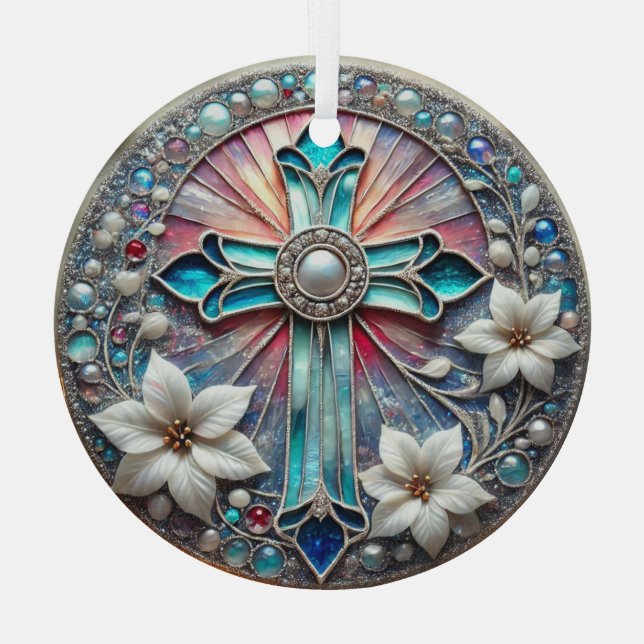 Stained Glass Cross with Pearls and Poinsettias  Ornament (Back)