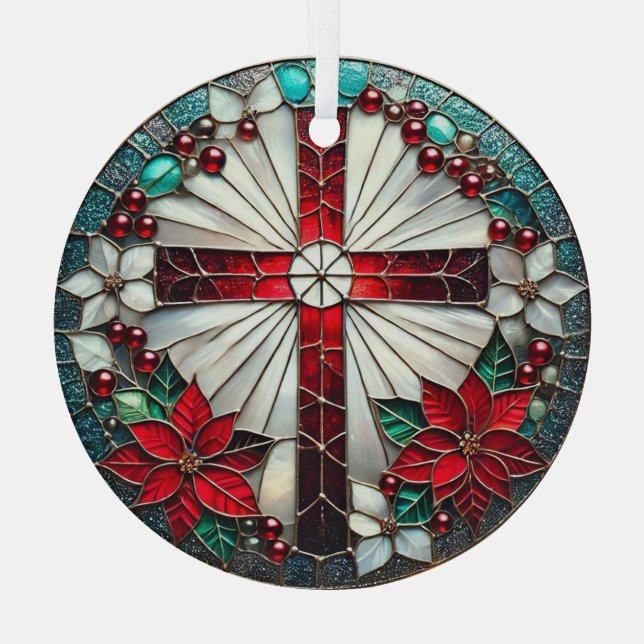 Stained Glass Cross with Poinsettias  Glass Ornament (Back)
