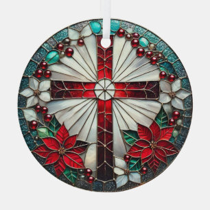 Stained Glass Cross with Poinsettias Ornament