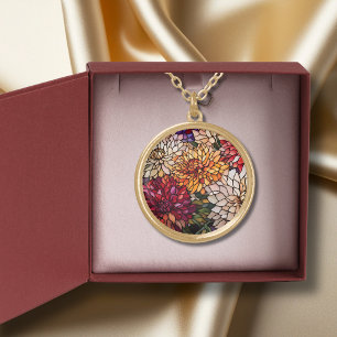 Stained Glass Dahlia Flower  Gold Plated Necklace