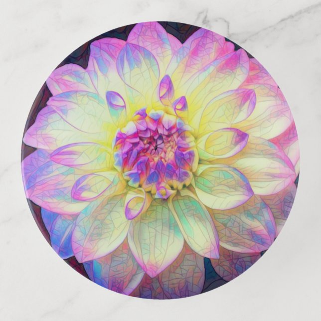 Stained Glass Dahlia Round Trinket Tray (Front)