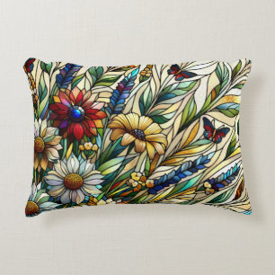 Stained Glass Design Wildflowers and Butterflies Accent Pillow