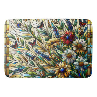 Stained Glass Design Wildflowers and Butterflies Bath Mat