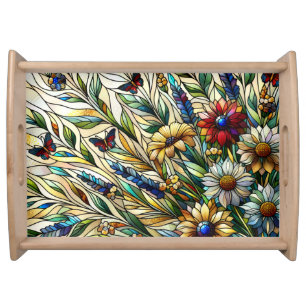 Stained Glass Design Wildflowers and Butterflies Serving Tray