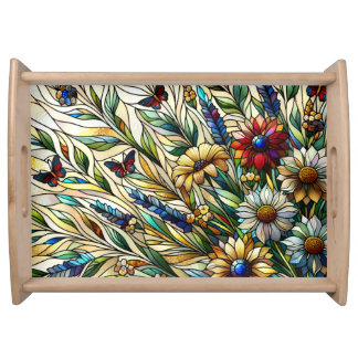 Stained Glass Design Wildflowers and Butterflies Serving Tray