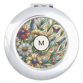 Stained Glass Design Wildflowers Field Monogram Compact Mirror