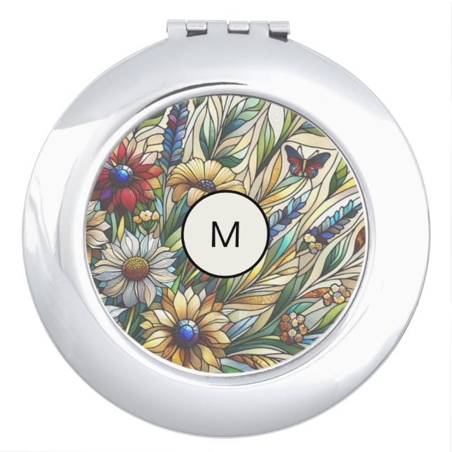 Stained Glass Design Wildflowers Field Monogram Compact Mirror (Front)