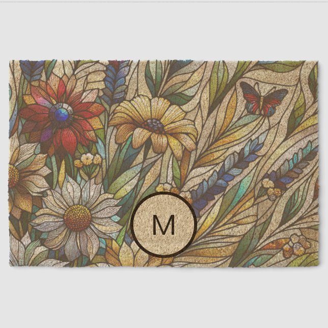 Stained Glass Design Wildflowers Field Monogram Fiber Doormat (Front)