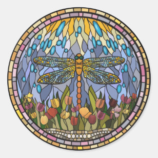 Stained Glass Design with a Dragonfly Classic Roun Classic Round Sticker